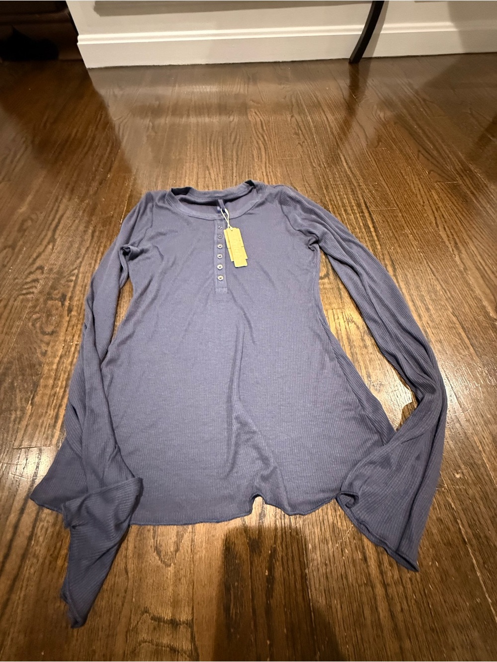 Women’s sheer Long Sleeve Henley Top in Dusty Blue